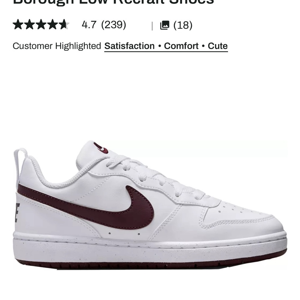 Nike Court Borough Low Recraft White/Burgundy Crush 6.5 youth